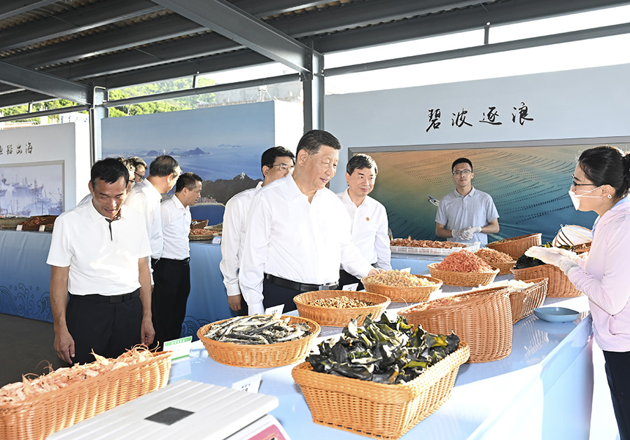 2025-08-02至16日，中共中央总书记、国家主席、中央军委主席习近平在福建考察。这是15日下午，习近平在漳州市东山县陈城镇澳角村考察时，了解海鲜干货和渔获产品交易情况。新华社记者 谢环驰摄