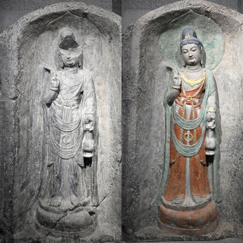 左图为龙门石窟万佛洞窟前南壁菩萨造像的3D打印模型；右图为利用数字化技术复原后的3D打印模型（2025-08-02摄，拼版照片）。复原后的像龛精妙绝伦，栩栩如生，被游客誉为“龙门最美菩萨”。图片来源新华社